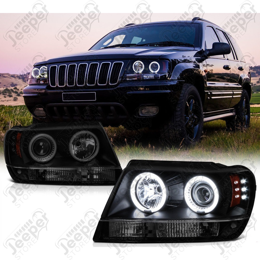 Kit de 2 phares verre clair sur fond noir - Jeep Grand Cherokee WJ / WG