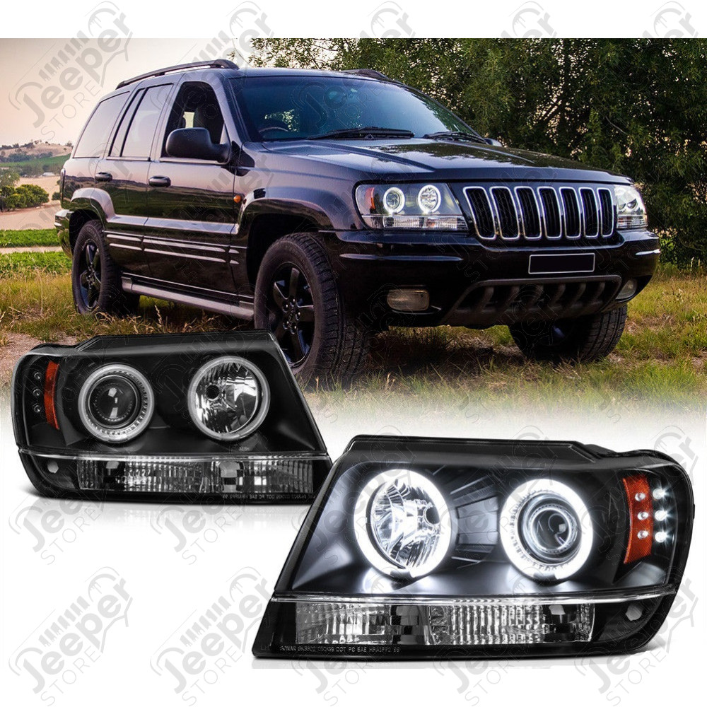 Kit de 2 phares verre clair sur fond noir - Jeep Grand Cherokee WJ / WG