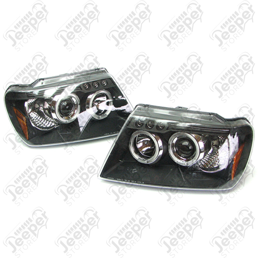 Kit de 2 phares verre clair sur fond noir - Jeep Grand Cherokee WJ / WG
