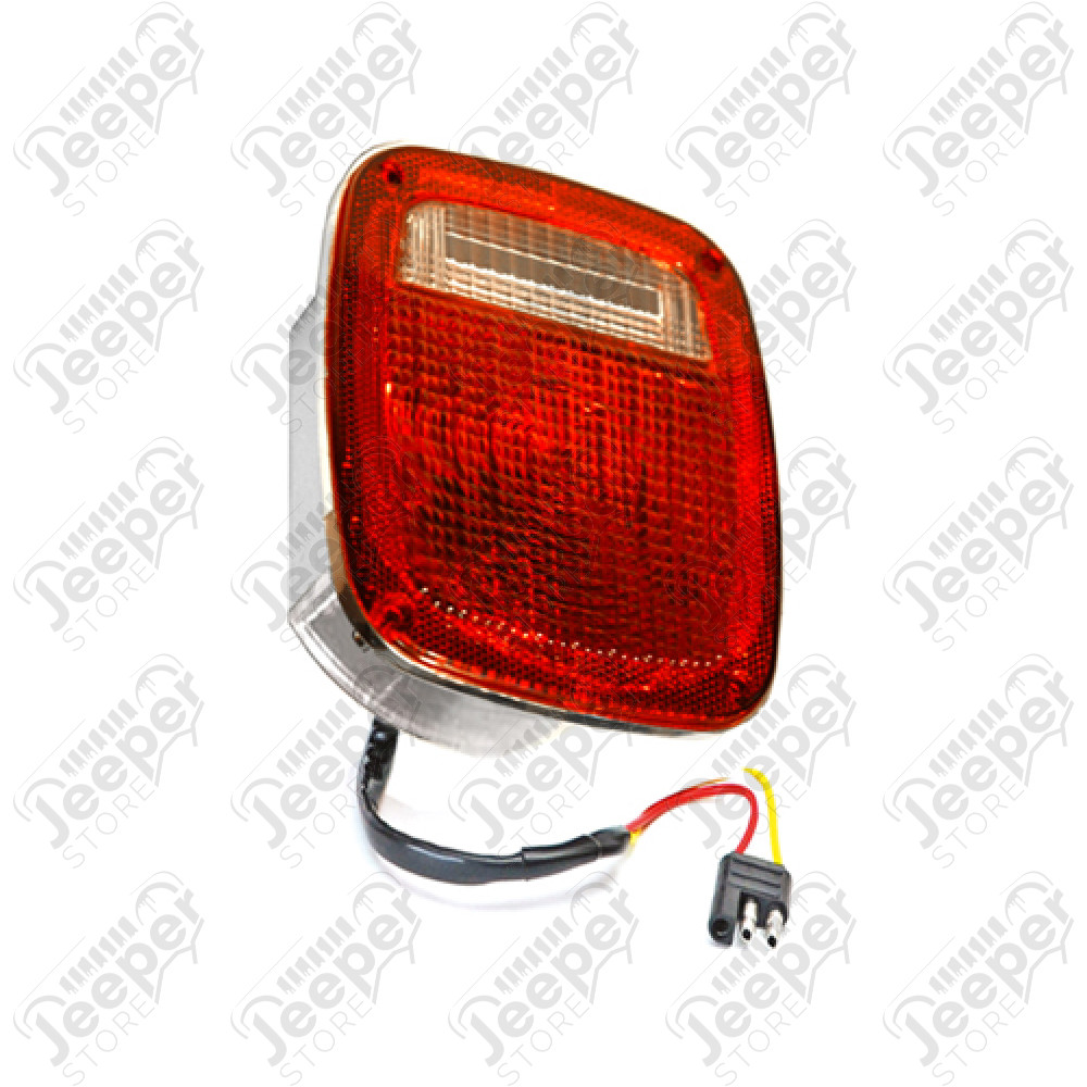 Feu arrière droit (sans éclaireur de plaque) (version US) rouge et blanc (boitier chromé) pour Jeep CJ, Wrangler YJ, TJ