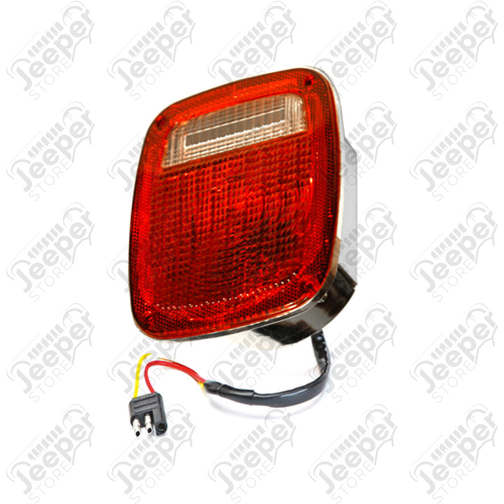 Feu arrière gauche (avec éclaireur de plaque) (version US) rouge et blanc (boitier chromé) pour Jeep CJ, Wrangler YJ, TJ