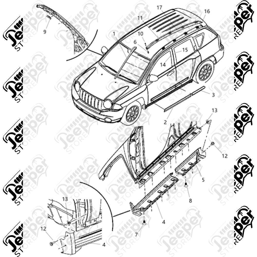 Baguette bas de porte avant gauche - Jeep Compass MK et Patriot MK - 5182563AB / 5182563AA