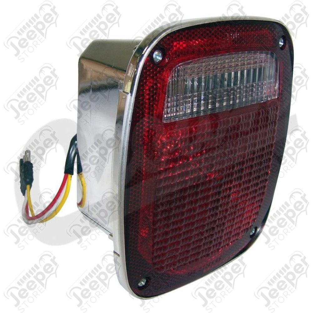 Feu arrière droit (sans éclaireur de plaque) (version US) rouge et blanc (boitier chromé) pour Jeep CJ, Wrangler YJ, TJ