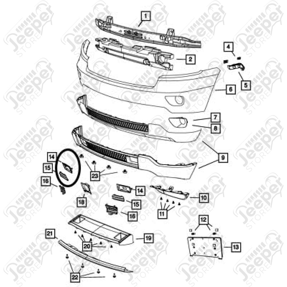 Cache accès crochet de remorquage pare chocs avant droit Jeep Grand Cherokee WL, WK2