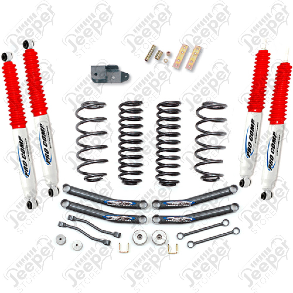 Kit réhausse de suspension +4" (+10cm) Pro Comp pour Jeep Wrangler TJ (série 1) Kit vendu avec; 4 amortisseurs à gaz Pro COmp ES9000 4 ressorts 4" 4 tirants de pont inférieur 2 biellettes de barre stabilisatrice avant 2 biellettes de barre