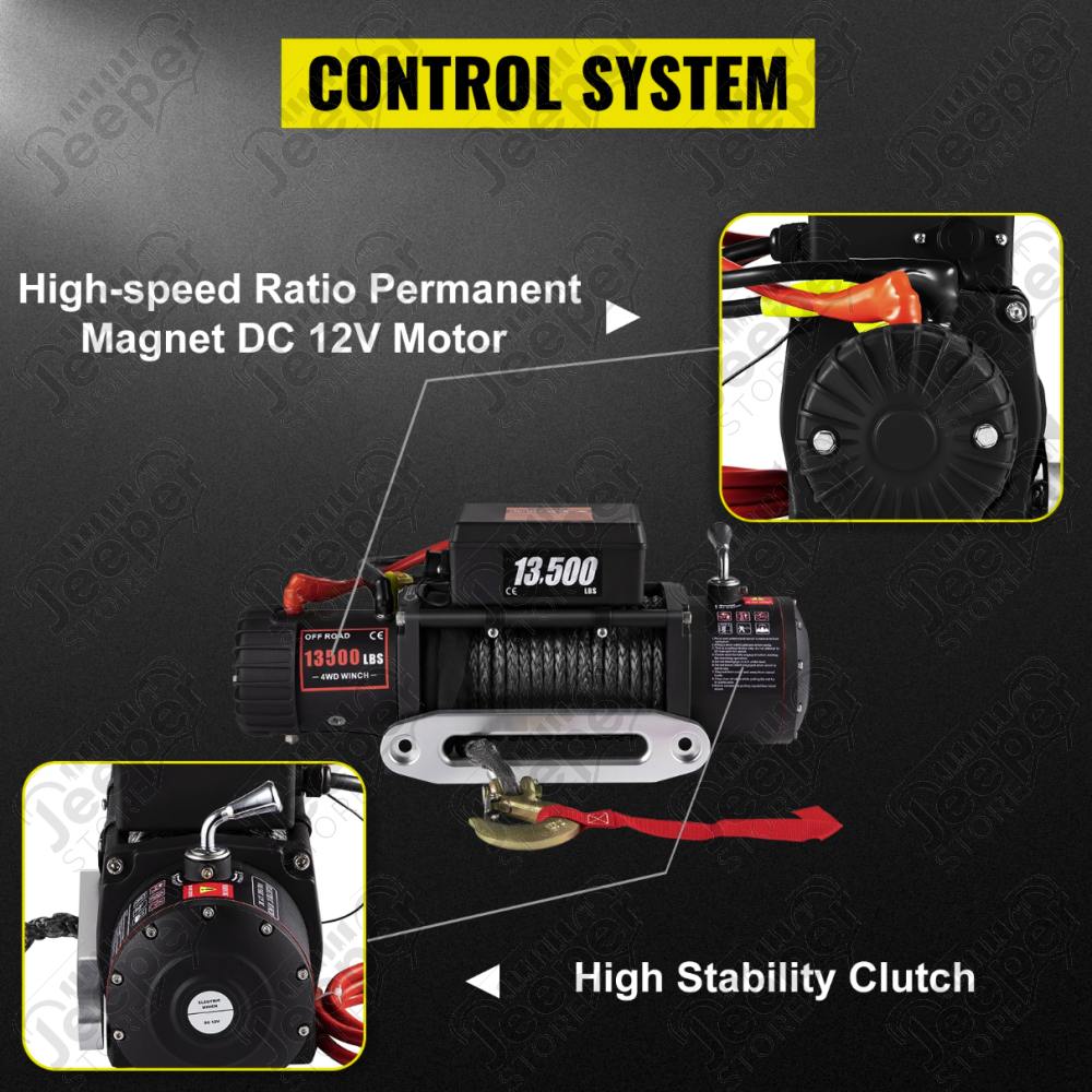 Treuil 4x4 de marque "FLJ Offroad" charge 13.500lbs (6123kg) avec corde synthétic, 1 télécommande filaire et 1 télécommande sans fils (vendu complet)