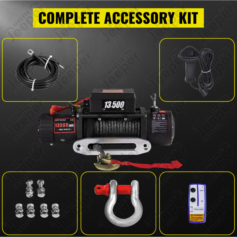 Treuil 4x4 de marque "FLJ Offroad" charge 13.500lbs (6123kg) avec corde synthétic, 1 télécommande filaire et 1 télécommande sans fils (vendu complet)