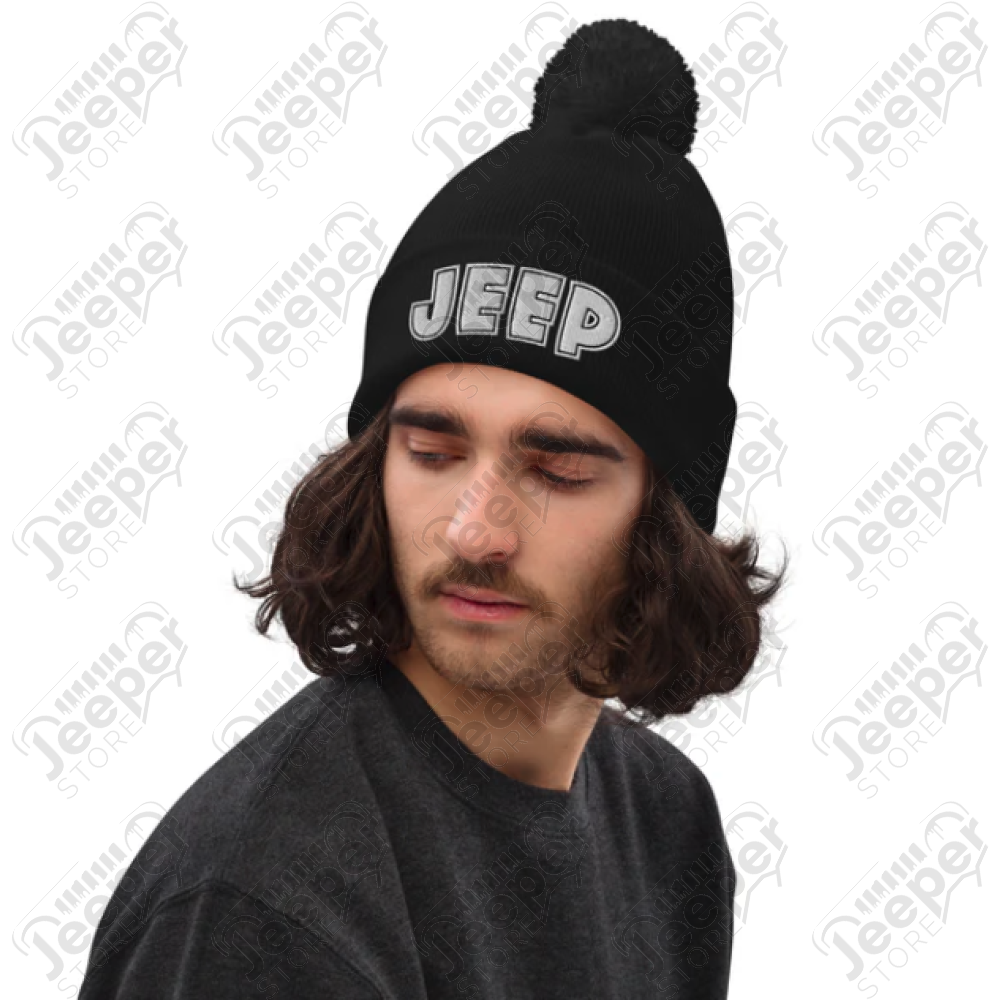 Bonnet Jeep avec pompon, couleur noir écrit Jeep en blanc