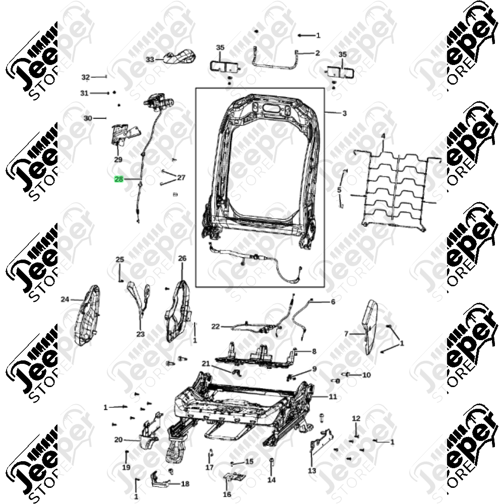 Poignée de dossier avec cable pour siège avant passager Jeep Wrangler JL (2 portes) - 6QD06TX7AE / 6QD06TX7AA / 6QD06TX7AB / 6QD06TX7AC / 6QD06TX7AD / 6QD06TX7