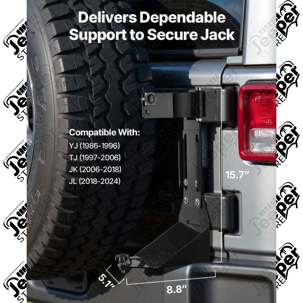 Fixation de cric sur charnières de coffre pour cric type Hi-Lift FLJ Offroad "IronJack" pour Jeep Wrangler YJ, TJ, JK, JL