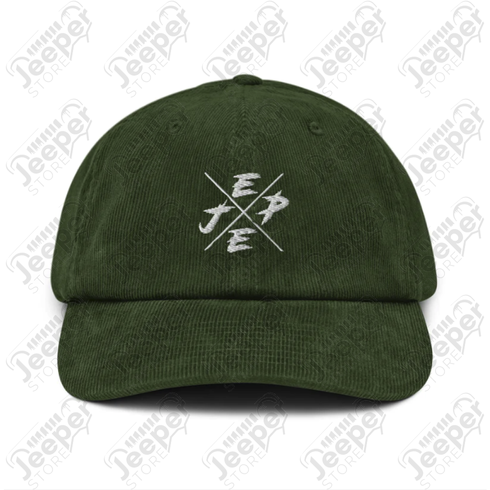 Casquette semi plate Jeep, couleur verte en velours côtelé écrit Jeep en blanc