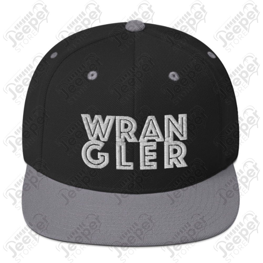 Casquette plate Jeep, couleur noire et grise écrit Wrangler en blanc