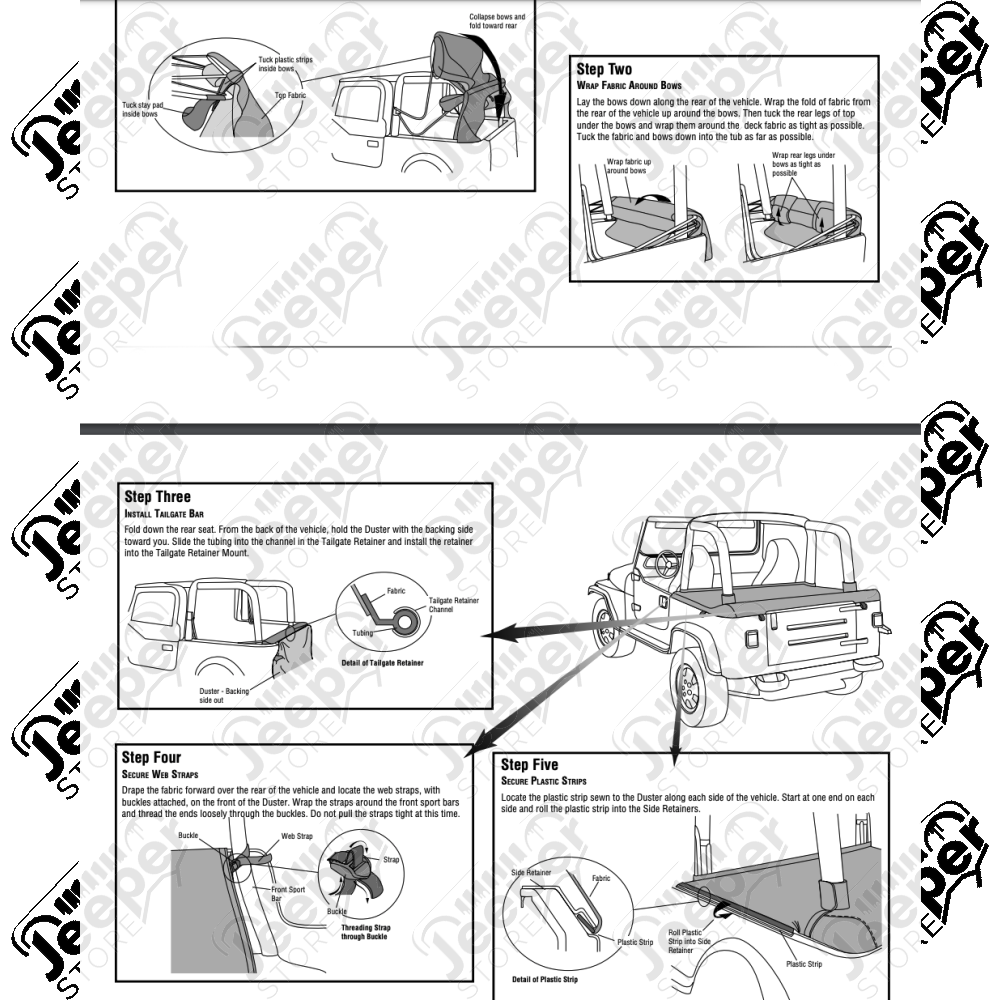 Couverture de plateau de chargement "Duster" (pour support de bâche soft-top d'origine) Couleurs: Black Denim , Jeep Wrangler TJ (permet de garder les fixations de bache d'origine sous le duster)