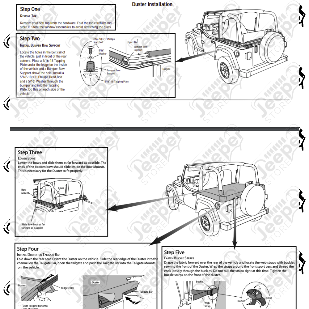 Couverture de plateau de chargement "Duster" (pour support de bâche soft-top Bestop) Couleurs: Black Denim , Jeep Wrangler TJ (permet de garder les fixations de bâche Bestop sous le duster)