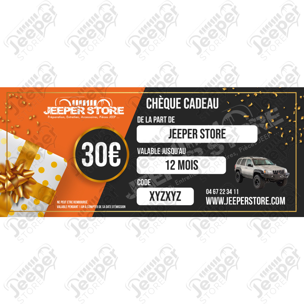 Bon Cadeau Jeep, Carte Cadeau Jeep, Chèque Cadeau jeep, Idée Cadeau Jeep, chèque cadeau Jeep, valable 1 an à partir de la date du paiement, valable sur tous nos articles, plus de 35.000 références pour votre Jeep