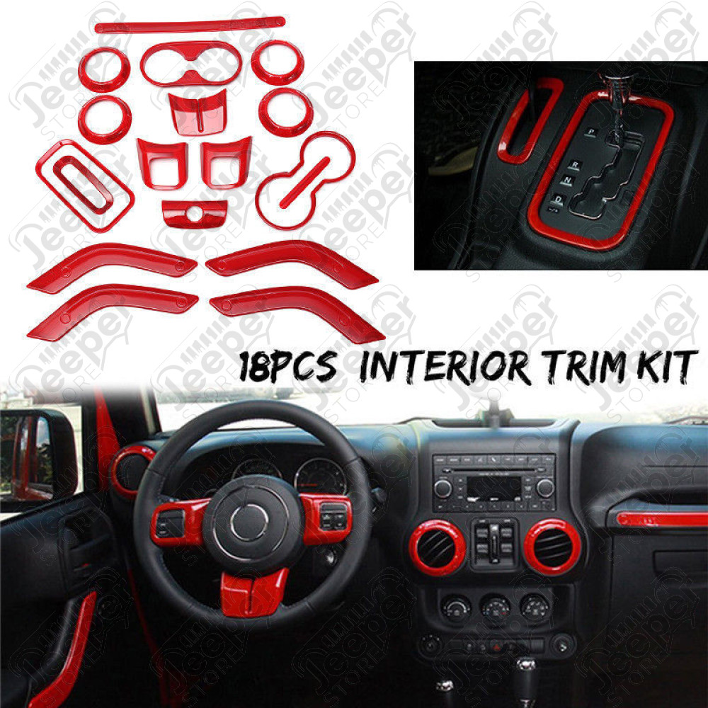 Kit d'enjoliveurs de tableau de bord et portes (18 pièces) (couleur: rouge) pour Jeep Wrangler JK