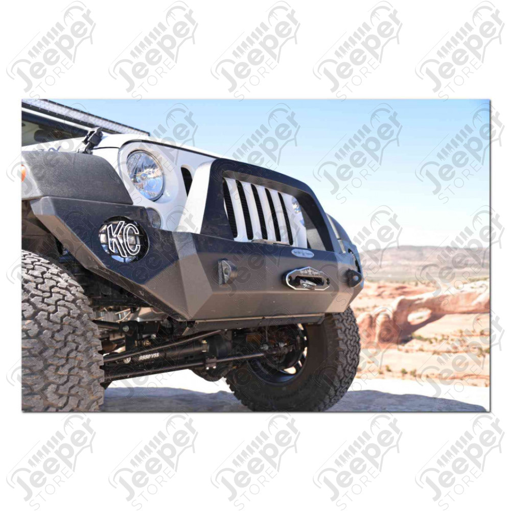 Rigid Series Full Front Bumper / COMPLETE with winch opening, integrated winch plate, Bull Bar, 6" light pockets, and recovery points. Powder coated textured black. 3/16" steel, Made in the USA The bumper comes with a 6" round light pocket. Most 6" roun