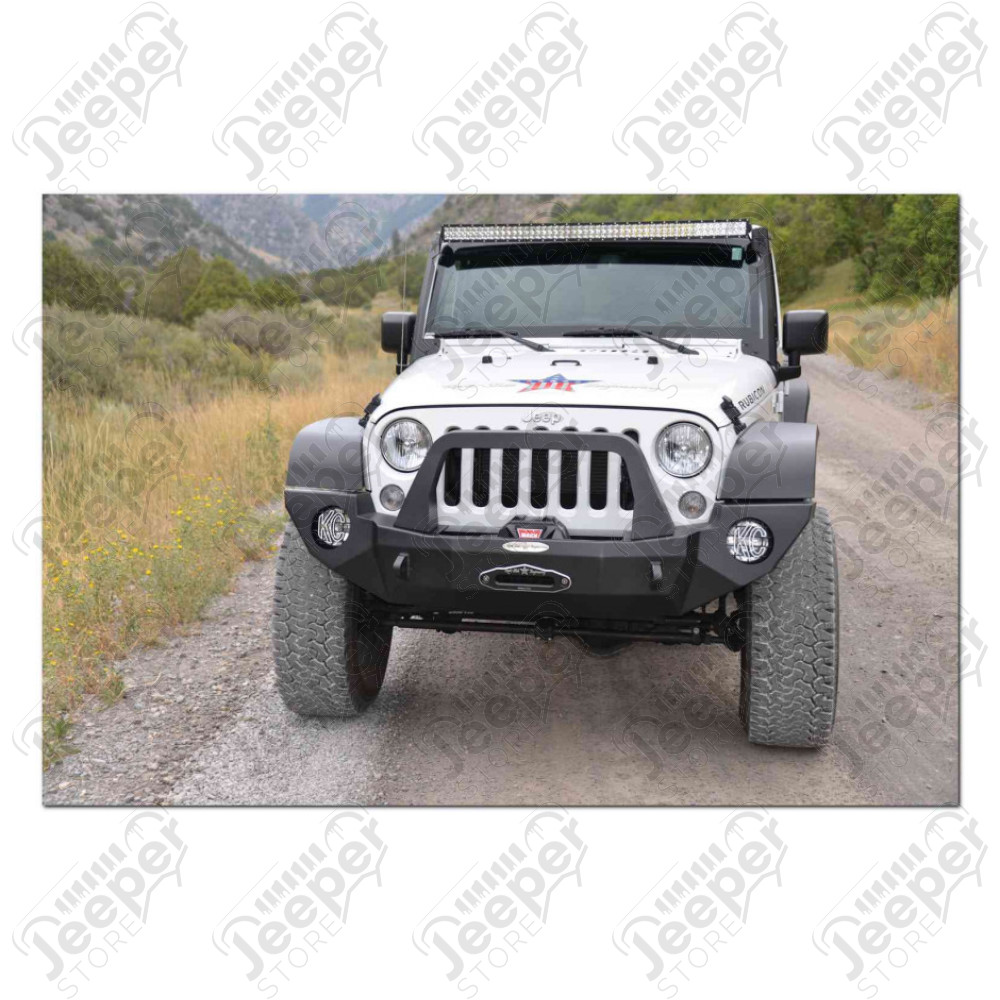 Rigid Series Full Front Bumper / COMPLETE with winch opening, integrated winch plate, Bull Bar, 6" light pockets, and recovery points. Powder coated textured black. 3/16" steel, Made in the USA The bumper comes with a 6" round light pocket. Most 6" roun