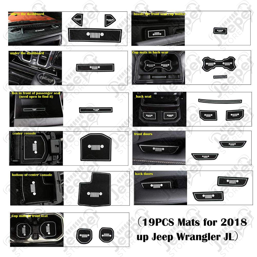Kit tapis caoutchouc pour rangement tableau de bord avec logo Jeep couleur blanc pour Jeep Wrangler JL