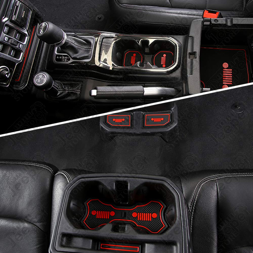 Kit tapis caoutchouc pour rangement tableau de bord avec logo Jeep couleur rouge pour Jeep Wrangler JL