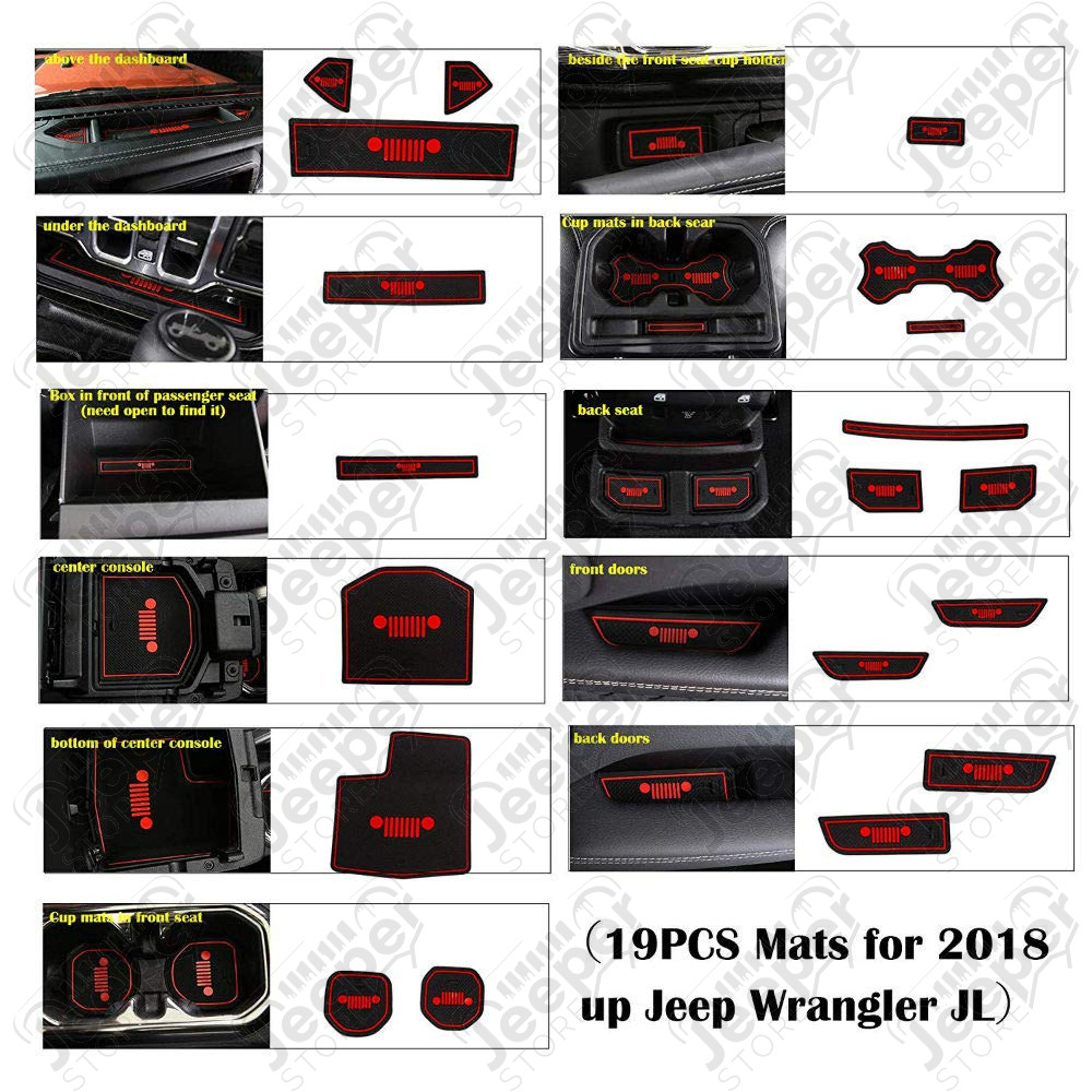 Kit tapis caoutchouc pour rangement tableau de bord avec logo Jeep couleur rouge pour Jeep Wrangler JL
