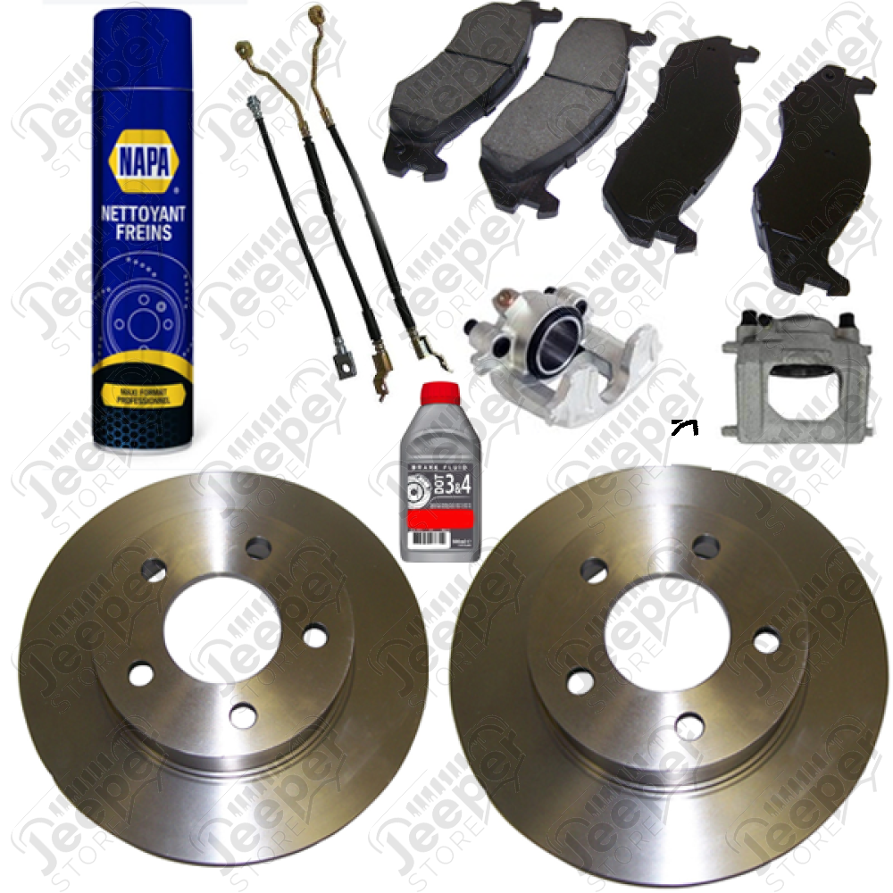 Kit freinage avant complet (disques, plaquettes, étriers, durites, liquide de frein, nettoyant dégraissant) pour Jeep Cherokee XJ