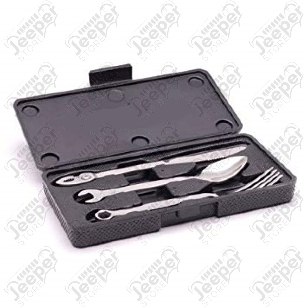 kit de 3 mini couverts en acier inox avec forme d'outillage (cuillère, fourchette et couteau) avec son coffret.