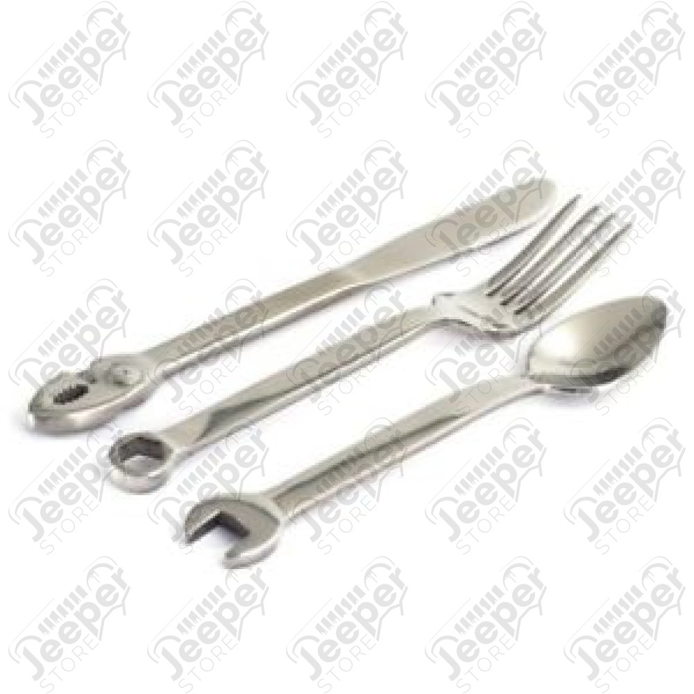 kit de 3 mini couverts en acier inox avec forme d'outillage (cuillère, fourchette et couteau) avec son coffret.