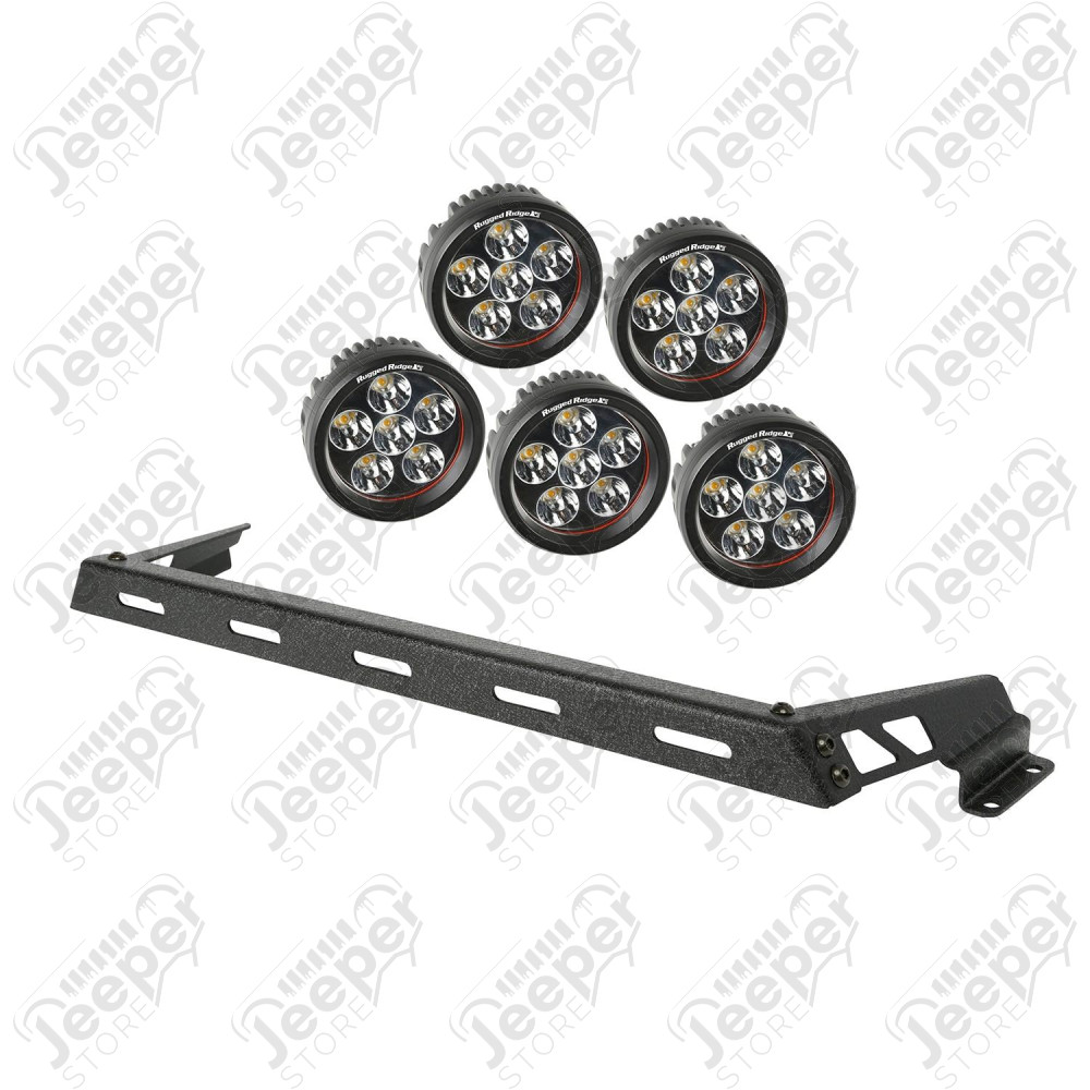 Light Bar Kit, Hood Mounted, Textured Black, 5 Round; 07-18 Wrangler