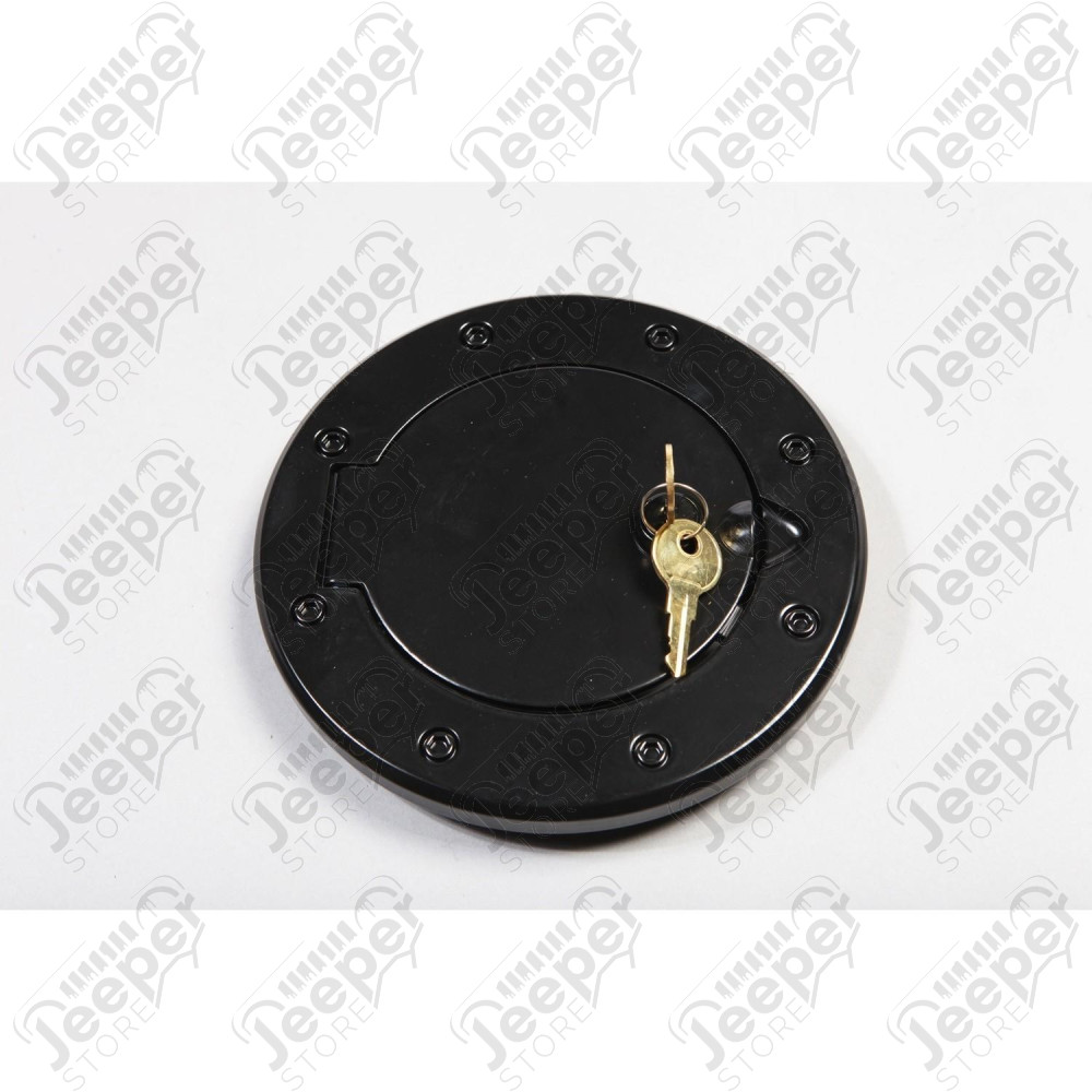 Gas Cap Door, Locking, Black Aluminum; 07-18 Jeep Wrangler JK