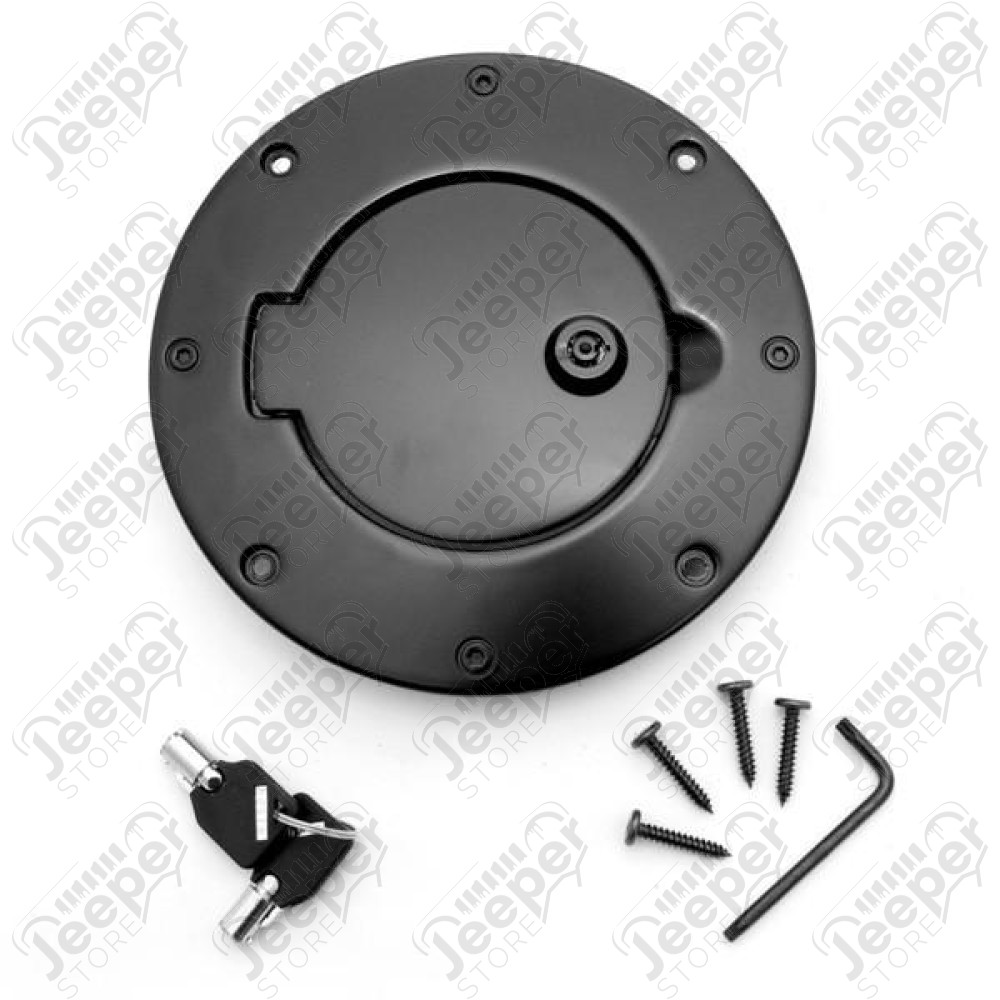 Gas Cap Door, Locking, Black Aluminum; 97-06 Jeep Wrangler TJ