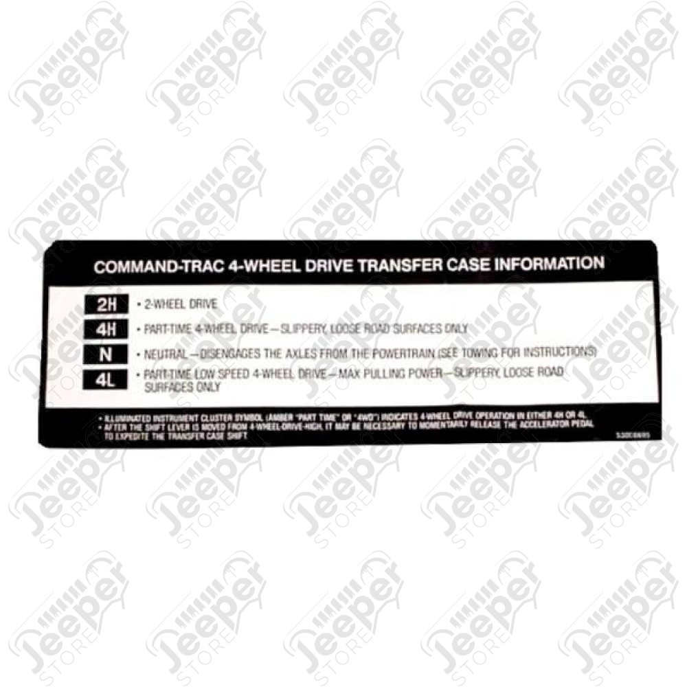 Decal, Transfer Case Sun Visor; 94-98 Jeep