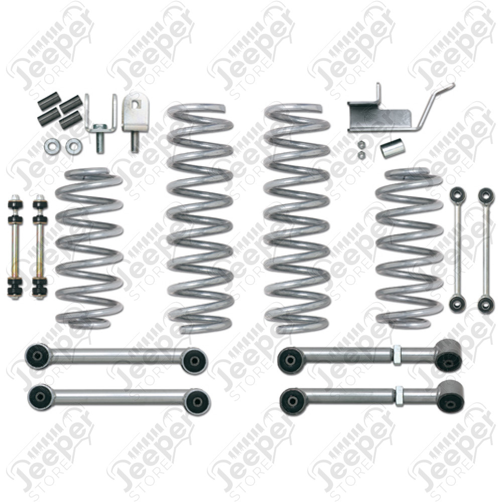 Kit réhausse 4" Rubicon Express, Grand Cherokee ZJ, ZG Kit vendu complet: 4 amortisseursprocomp 2 tirants de pont inférieur avant 2 tirants de pont inférieur arrière 4 ressorts avant et arrière 4" 2 bielettes de barre stabilisatrice avant 2 bie