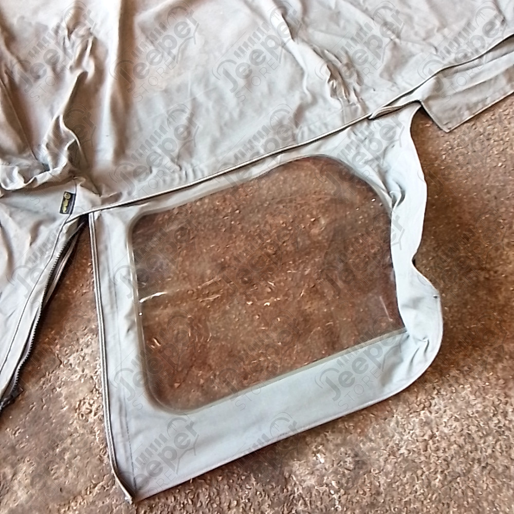 Occasion : Bâche Bestop grise avec fenêtres et lunette arrière plastique, incomplète sans aucune armature. pour Jeep CJ7, YJ