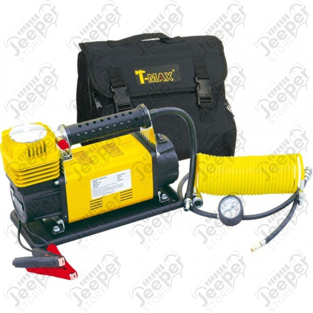 Compresseur Portable 12V mono-cylindre T-Max 160L/Min. - Débit max: 160l/mn - Pression max: 10.3bar - Cordon de 2.5m pinces Croco - Flexible 8m + mano - 3 embouts de gonflache - Sacoche en cordura