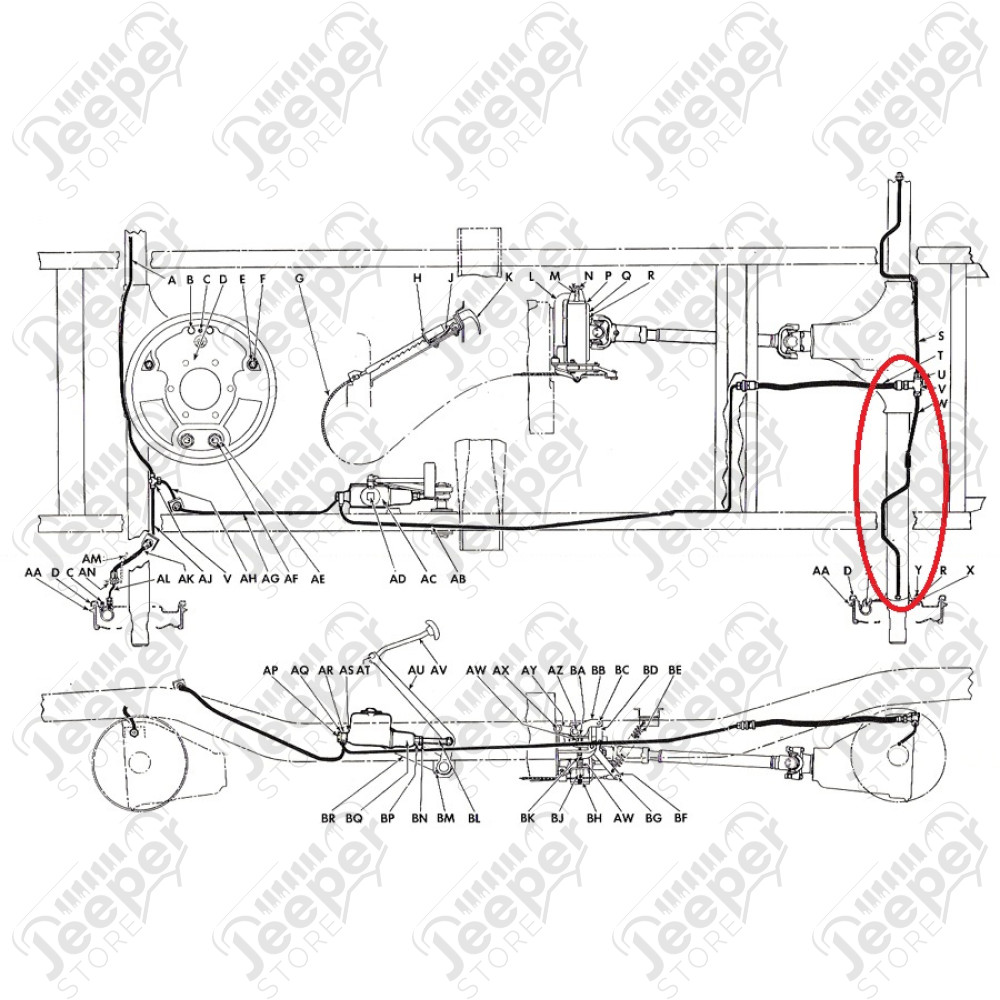 Tube rigide frein, (conduite pont arrière gauche) Jeep Willys MB, GPW, M38, M38-A1, M201, CJ2A, CJ3A