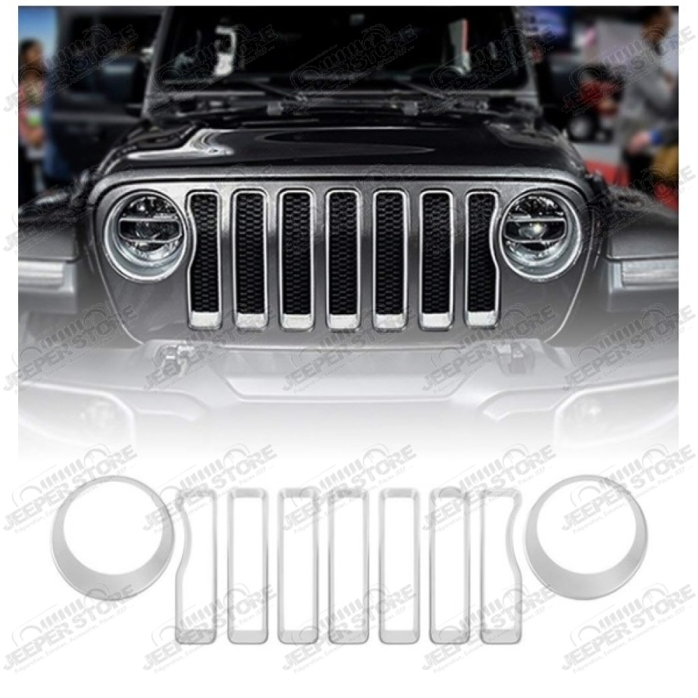 Kit d'inserts gris argent (enjoliveurs) de calandre et phares pour Jeep Wrangler JL