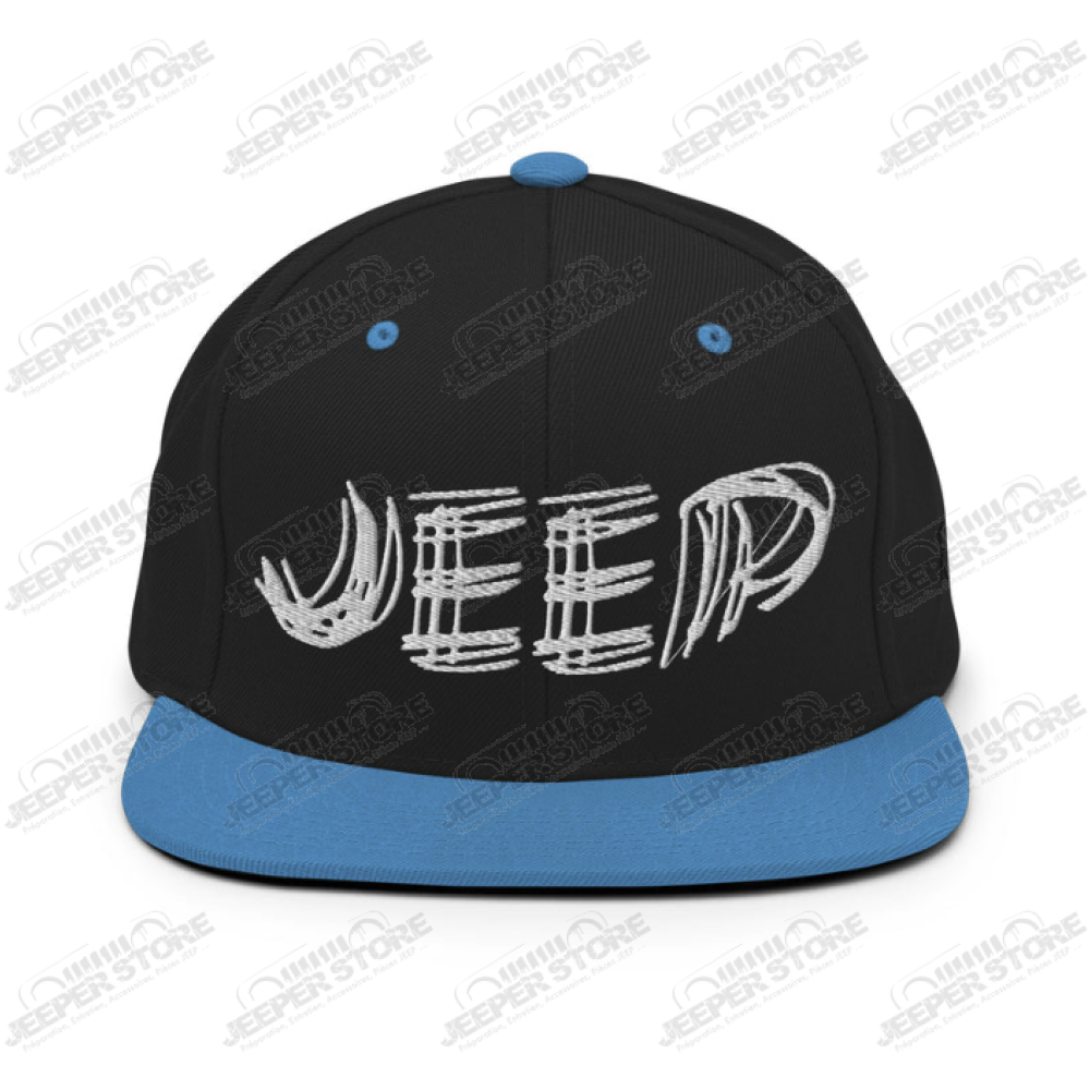 Casquette plate Jeep, couleur noire et bleu écrit Jeep en blanc