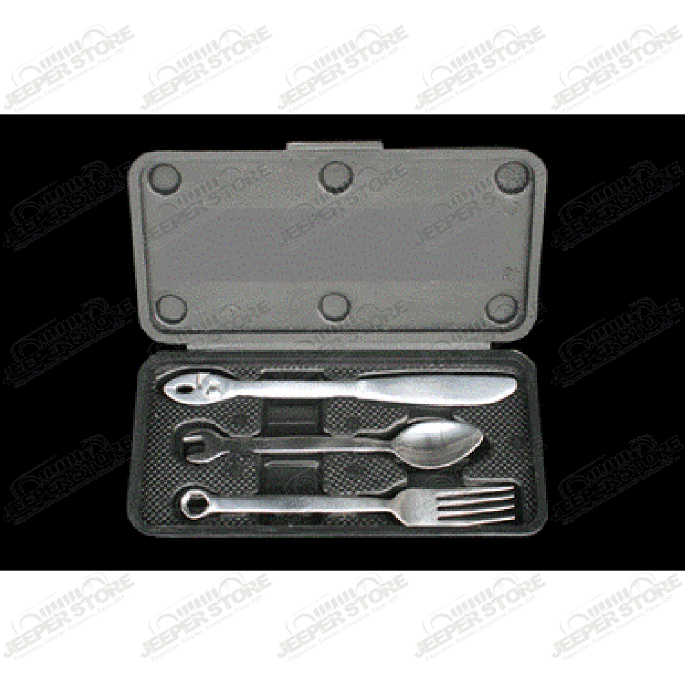 kit de 3 mini couverts en acier inox avec forme d'outillage (cuillère, fourchette et couteau) avec son coffret.