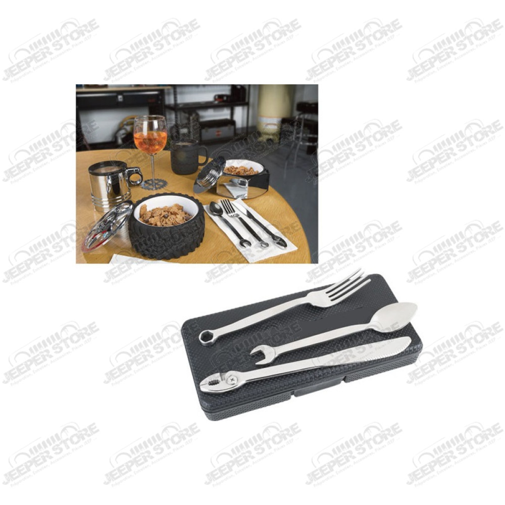 kit de 3 mini couverts en acier inox avec forme d'outillage (cuillère, fourchette et couteau) avec son coffret.