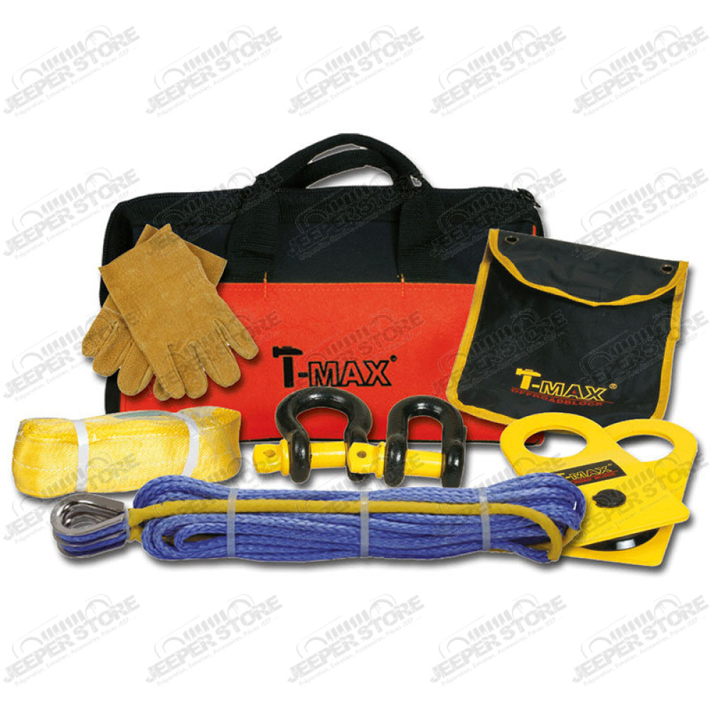 Kit de treuillage avec sac, corde synthétique 15 mètres, gants, 2 manilles, 1 sangle, 1 poulie de renvoi - WA-10103