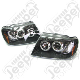 Kit de 2 phares verre clair sur fond noir - Jeep Grand Cherokee WJ / WG