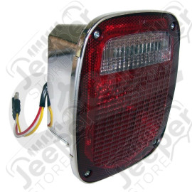 Feu arrière gauche (avec éclaireur de plaque) (version US) rouge et blanc (boitier chromé) pour Jeep CJ, Wrangler YJ, TJ