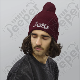 Bonnet Jeep avec pompon, couleur bordeaux écrit Jeep en blanc
