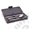 kit de 3 mini couverts en acier inox avec forme d'outillage (cuillère, fourchette et couteau) avec son coffret.